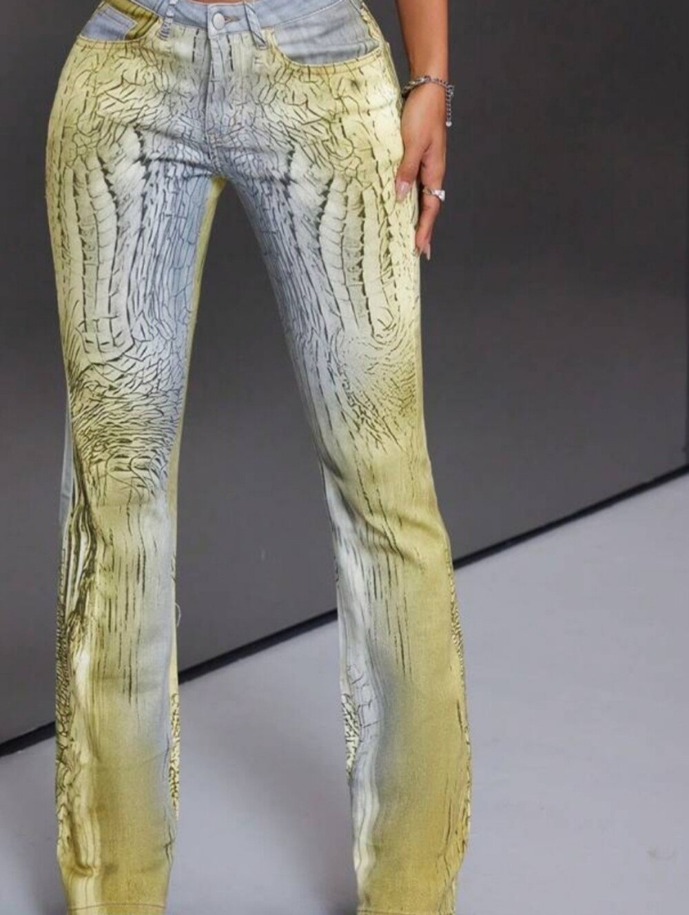 SHEIN Yellow and Gray Textured Print Flared Jeans